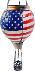 Glass Solar Hot Air Balloon Lantern with Flame Hanging Garden Flickering Light Outdoor Waterproof for Yard Patio Tree 4th of July Decorations, Flag