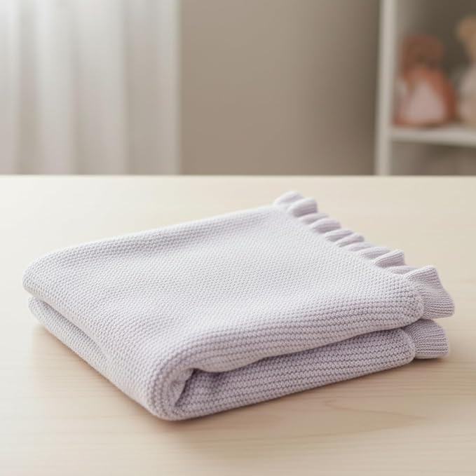 Cotton Baby Blanket with Ruffle Edge Soft Breathable Newborn Blanket for Boys & Girls, Lightweight Knit Throw for Crib, Stroller & Nursery Multiple Colors Available Lilac 30x30