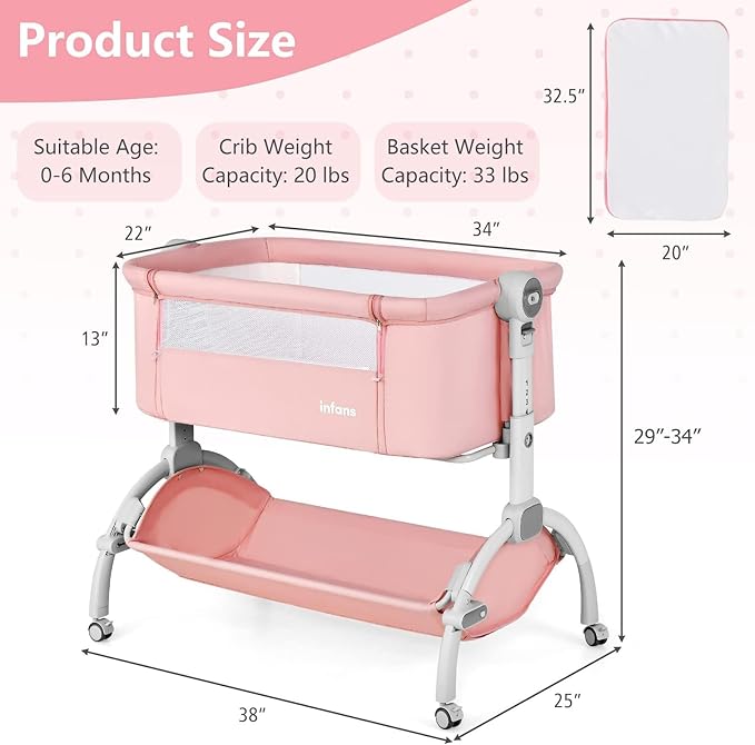 INFANS 3 in 1 Baby Bassinet, Bedside Sleeper, Rocking Cradle, Easy Folding Portable Safer Co-Sleeping Crib with Height Adjustable, Wheels Storage Basket Travel Bag for Infant Newborn (Coral)