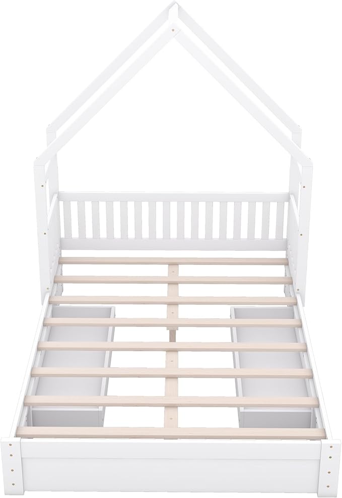 Bellemave Queen Size Wood House Platform Bed with 2 Drawer for Toddlers and Baby, Modern Montessori Platform Bed Frame, No Box Spring Required, Low Floor Bed for Kids' Room or Baby Room (White)