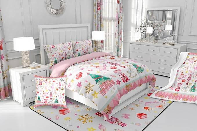 Feelyou Pink Christmas Kids Comforter Set Full Size Ballet Nutcracker Bedding Set Snowflake Duvet Quilt for Kids Boys Girls Bedroom Decor Microfiber Ultra Soft Breathable