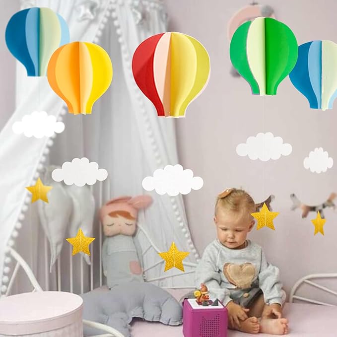 Colorful Hot Air Balloon Hanging Paper Decoration（4pack）- Large Hot Air Balloon with Clouds Stars Hanging Paper Garland Party Streamers for Kids Bedroom Decor, Wedding Birthday Party Supplies