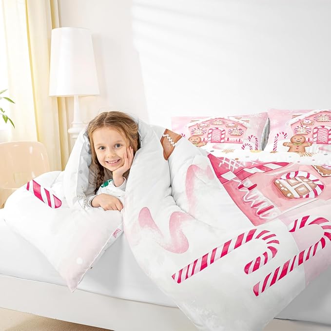 Feelyou Gingerbread Man Comforter Set Twin Size Gingerbread House Bedding Set for Kids Boys Girls Candy Canes Duvet Quilt Pink Christmas Scheme Bedroom Decor Snowflake 2 Pcs with 1 Pillow Cases