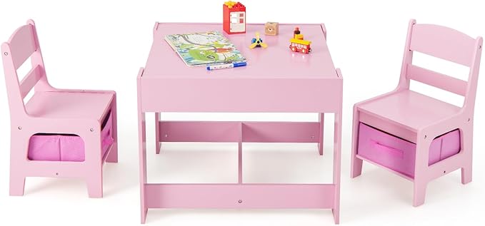 HONEY JOY Kids Table and Chairs, 3-in-1 Children Wooden Activity Set with Storage, Detachable Tabletop, for Art, Craft, Drawing, Reading, Gift for Toddlers Boys Girls 3-7 Years Old (Pink)