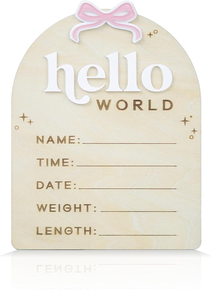 Baby Announcement Sign with Stand & Marker – Hello World Wooden Name Plaque for Newborn Photoshoot, Baby Shower, Rustic Keepsake Birth Stat Sign for Hospital Birth Announcement (Acrylic Ribbon)