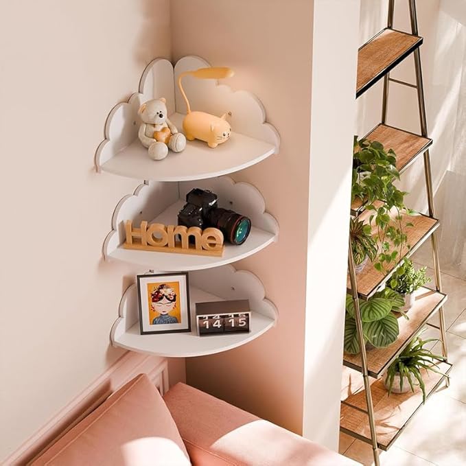 Cloud Wall Shelf Set of 3 Corner Hanging Shelf Nursery Book Shelf, Scalloped Design, Safe and Non-Toxic Sheet Wall-Mounted Background for Kids Bedroom, Toddler Room, Baby Room Decor