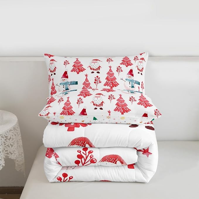 Feelyou Merry Christmas Comforter Set All Season Xmas Tree Snowman Bedding Set with 1 Pillow Cases Santa Claus Microfiber Kids Toddler Bedclothes Bedroom Decor Duvet Quilt Breathable Soft
