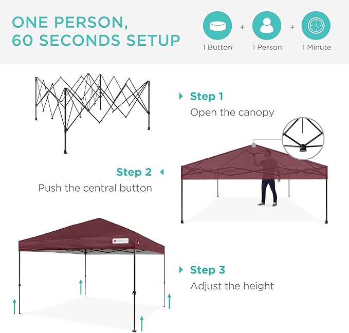 Best Choice Products 12x12ft 1-Person Setup Pop Up Canopy Tent Instant Portable Shelter w/ 1-Button Push, Case, 4 Weight Bags - Burgundy