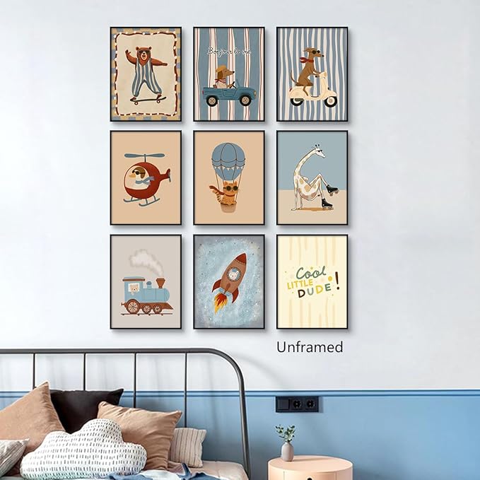 9 Pieces Nursery Animals Canvas Wall Art, Kids Room Cute Bear Dog Cat Giraffe and Bunny Picture, Skateboard Cars Rocket and Hot Air Balloon Poster for Boys Bedroom Playroom 8x12in Unframed