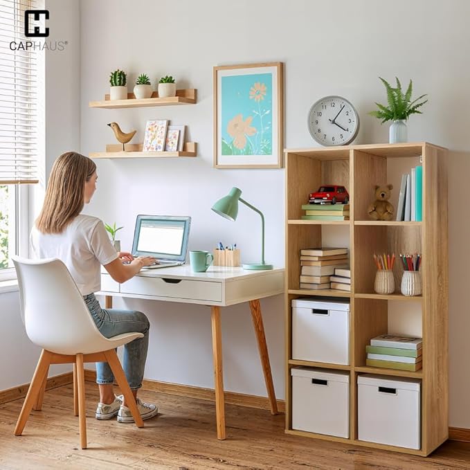 CAPHAUS 11-Inch Cube Storage Organizer Shelf, Home Storage Shelf Divider w/Back, 8-Cube Storage Bookcase, Natural Oak