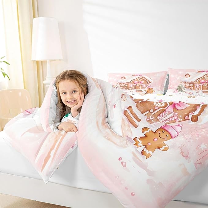Feelyou Gingerbread House Kids Comforter Set Twin Size Gingerbread Man Bedding Set Christmas Tree Duvet Quilt for Kids Boys Girls Bedroom Pink Bow Decor Snowflake Microfiber Ultra Soft Breathable