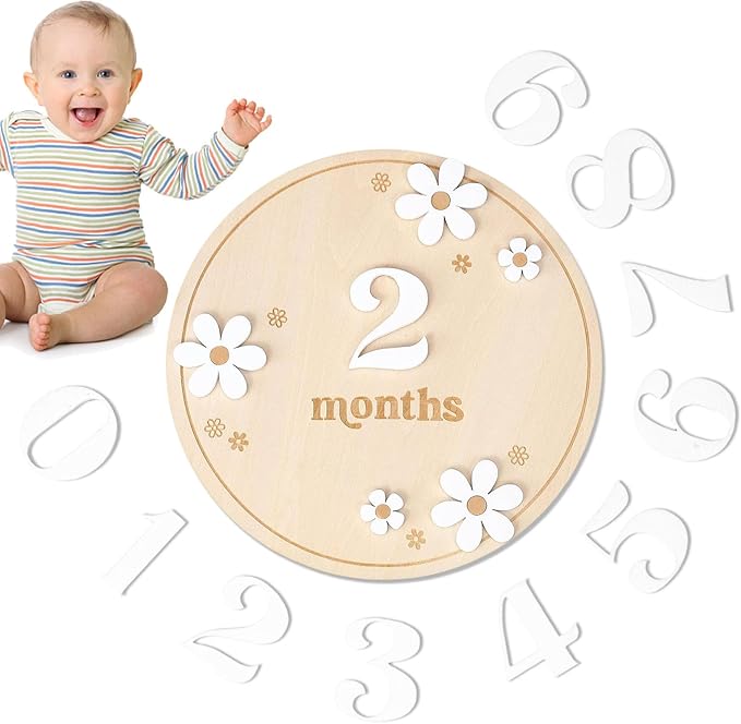 Wooden Baby Month Board - Round milestones Sign Set, Natural Grain Texture, laserr Engraved Letters, Eco Friendly Material | Adorable Monthly Wooden plaques for Baby Memory Nursery Decor