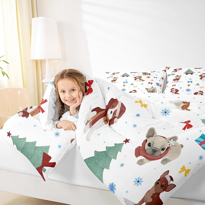 Feelyou Christmas Puppy Comforter Set All Season Festive Pet Bedding Set with 1 Pillow Cases Cute Dog Kids Toddler Bedclothes Xmas Tree Snowflake Bedroom Decor Duvet Quilt Breathable Soft Lightweight