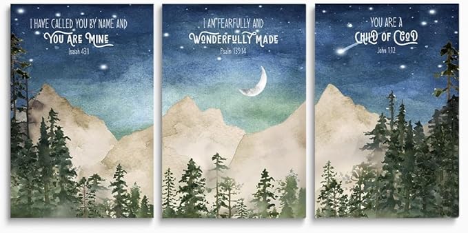 Nursery Scripture Wall Art, Set of 3 Nursery Bible Verse Wall Decor, Star Night Mountain Forest Wall Art, Nature Woodland Decor Canvas Prints, Inspirational Christian Kids Art, Framed 16"x24"