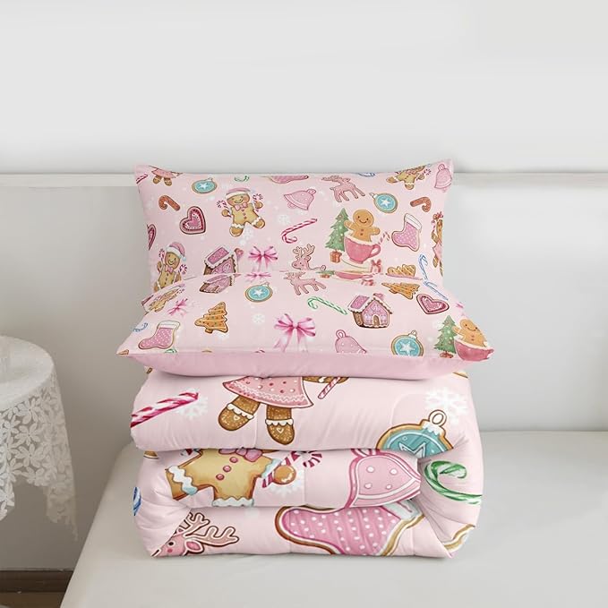 Merry Christmas Comforter Set King Size,Gingerbread Man Elk Deer Bowknot Kids Bedding Set,Cute Girly Bow Tie Xmas Tree Quilt Comforter,Pink Colorful Duvet Insert,2 Pillowcases