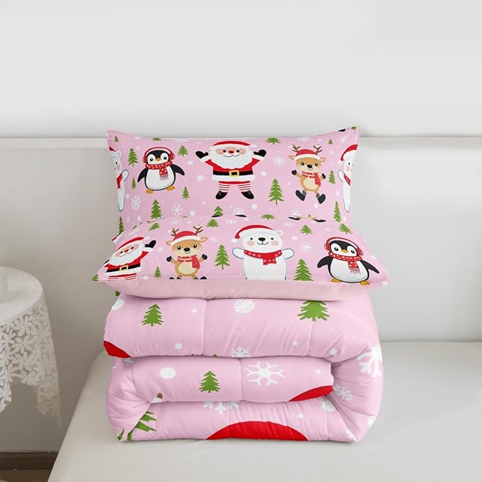 Feelyou Pink Christmas Bedding Set Soft for Boys Girls, Santa Claus Comforter Set Queen Size Penguin Deer Duvet Quilt Microfiber Xmas Snowflake Tree Bedroom Decor 3 Pcs with 2 Pillow Cases