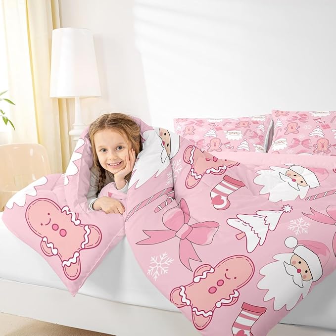 Feelyou Pink Christmas Bedding Set Soft for Boys Girls, Santa Claus Comforter Set King Size Gingerbread Man Duvet Quilt Microfiber Bow Candy Cane Bedroom Decor 3 Pcs with 2 Pillow Cases