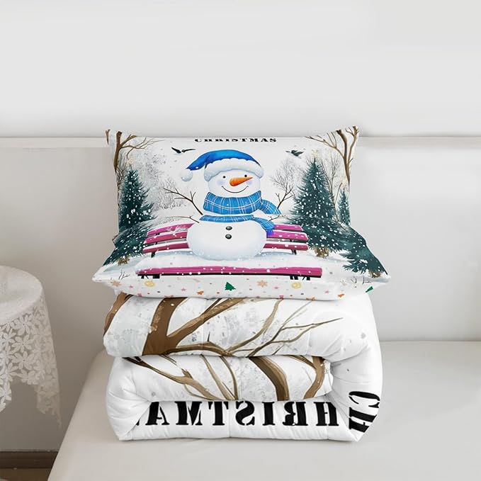 Feelyou Merry Christmas Bedding Set Soft for Boys Girls, Cute Snowman Comforter Set Toddler Size Snowflake Duvet Quilt Microfiber Christmas Tree Bedroom Decor 2 Pcs with 1 Pillow Cases