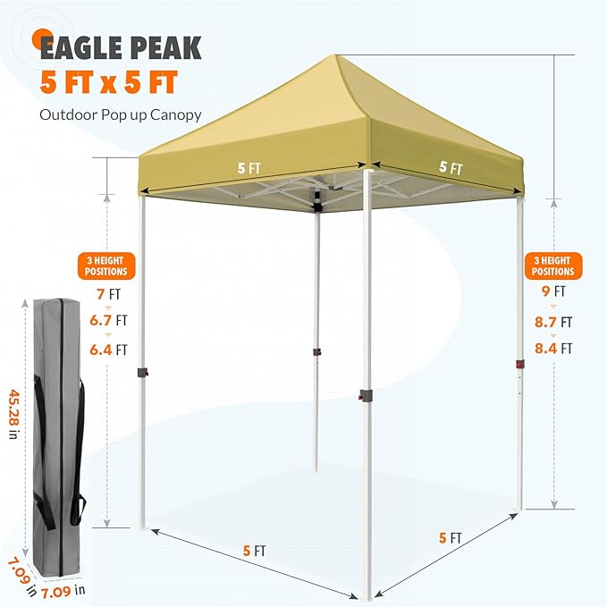 EAGLE PEAK 5x5 Pop Up Canopy Tent Instant Outdoor Canopy Easy Set-up Straight Leg Folding Shelter, Beige