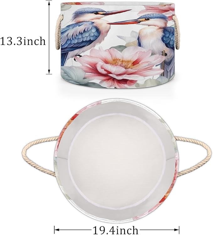 Watercolor Bird Flower Round Storage Basket for Laundry & Toys, Lightweight Fabric Laundry Hamper with Handles, Foldable Large Organizer Bin for Bedroom Bathroom Nursery Dorm
