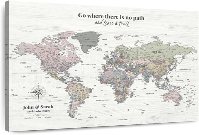 ElephantStock - Personalized Leave A Trail Iii Push Pin World Map Wall Art - Horizontal Canvas Wall Art - Living Room Wall Decor - Digital Art Map Canvas Art - White And Gray Decor - 48" x 32"