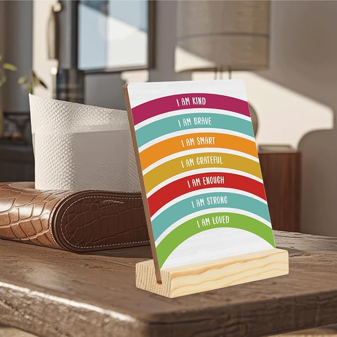 Inspirational Quote Wood Plaque Signs Motivational Quotes Gift I Am Kind Smart Brave Positive Affirmations Boho Rainbow Desktop Sign Desk Decor for Home Office 5×4 Inches Encourage planks2003