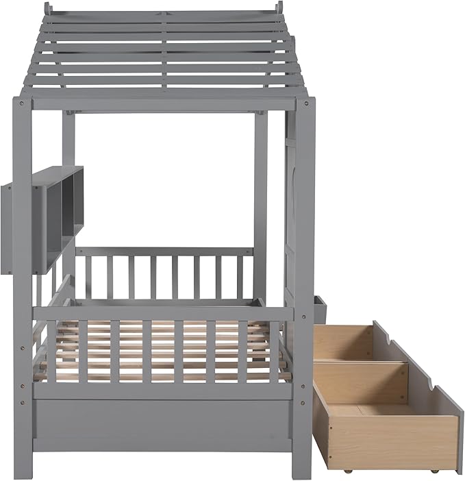 Linique Wooden Twin Size House Bed with 2 Drawers and Storage Shelf,Twin Platform Bed Frame with Pitched Roof,Gray