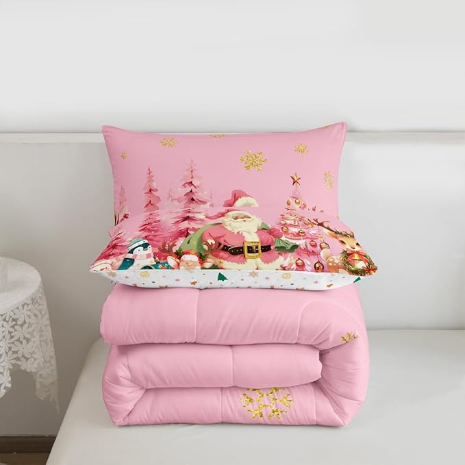 jejeloiu Merry Christmas Comforter Set Queen Size Santa Claus Bedding Set for Kids Boys Girls Cute Deer Duvet Quilt Pink Bedroom Decor