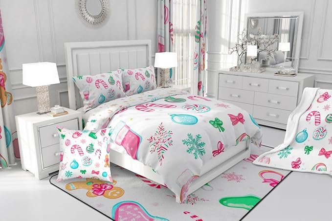 Feelyou Candy Cane Comforter Set Twin Size Christmas Ornament Bedding Set for Kids Boys Girls Snowflake Duvet Quilt Festive Bow Bedroom Decor Christmas Stocking Microfiber 2 Pcs with 1 Pillow Cases