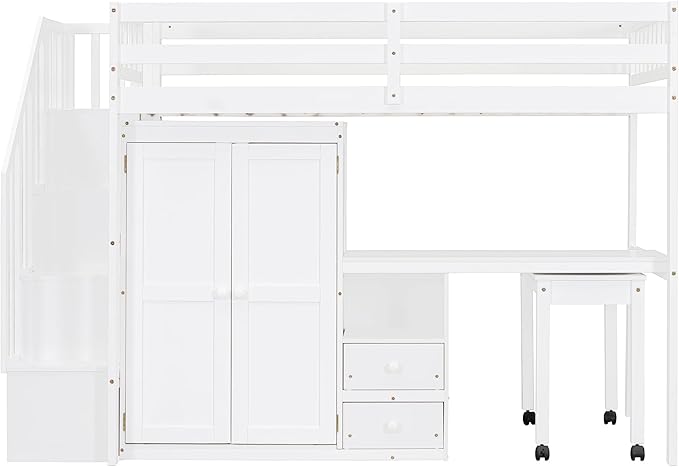 Merax Kids Twin Multifunction Loft Bed with Desk/Wardrobe, Wood Storage Loft Bed with Staircase, Bookshelf & Drawers, No Box Spring Needed, Space Saving, White