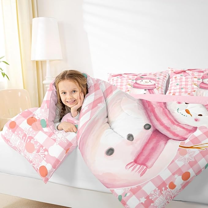 Castle Fairy Pink White Geometric Grid Dots Bed Comforter Set Queen Size,Pink Bow Girly Style Super Soft Microfiber Bedding Set for Adults Teens,Cute Cartoon Snowman Comforter Set,2 Pillowcases