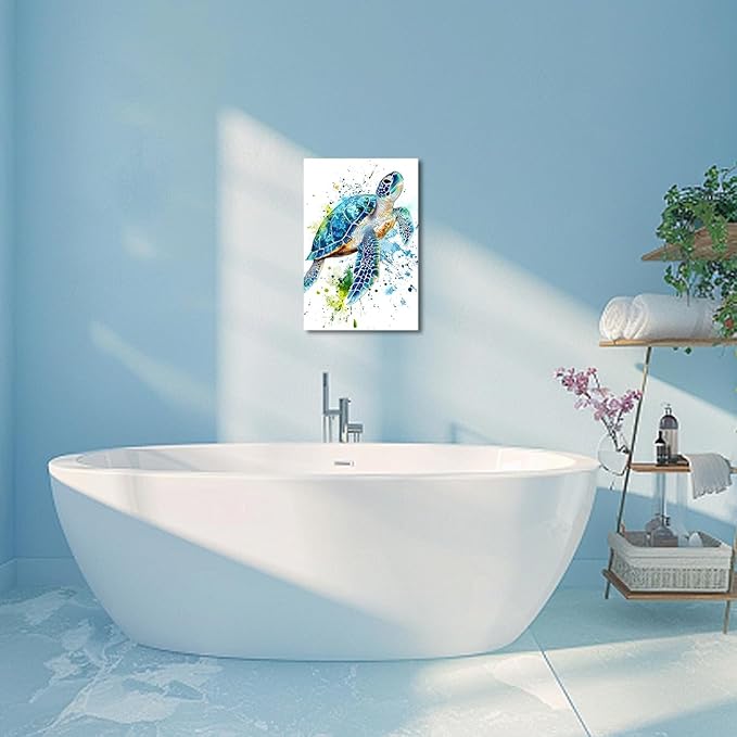 AWPANERAR Sea Turtle Wall Art Bathroom Pictures Watercolor Sea Life Canvas Prints Ocean Animal Poster Nautical Theme Artwork for Kids Room Nursery Decor Framed (White, (36L x 24W))