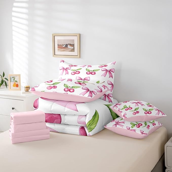 7 Pieces Pink Bowknot Kids Comforter Queen,Cherry Tropical Fruit Bow Patchwork Bedding Set,Bow Tie Butterfly Knot Princess Dreamy（Comforter+Fitted+Flat Sheet+2 Pillowcases+2 Throw Pillow Covers）
