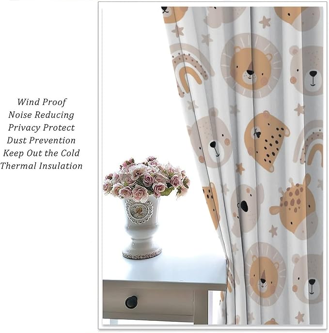 Cartoon Boho Animal Curtains,Funny Forest Safari Print,Cute African Wildlife Koala Giraffe Lion Leopard Bear Rainbow Blackout Window Drapes for Boys Girls Kids Baby Child Bedroom 42x54 Inch