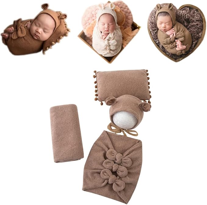 Vemonllas Newborn Baby Boy Girl Photography Props Bow Wrap, Posing Aid, Hat and Blanket Set of 4 Pcs