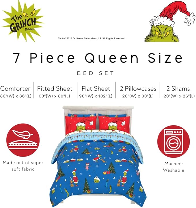 Grinch by Dr. Seuss Holiday & Christmas Bedding Super Soft Comforter and Sheet Set with Sham, 7 Piece Queen Size (Official Dr. Seuss Product) by Franco