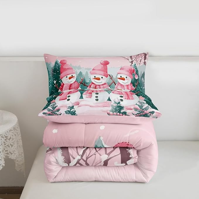 Feelyou Pink Christmas Kids Comforter Set Queen Size Merry Christmas Tree and Snowman Bedding Set Cute Snowman Duvet Quilt for Kids Boys Girls Bedroom Xmas Snowflake Decor Kawaii Soft Breathable