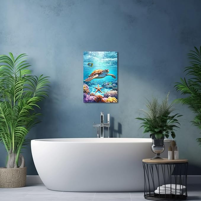 AWPANERAR Sea Turtle Wall Art Bathroom Pictures Watercolor Sea Life Canvas Prints Ocean Animal Poster Nautical Theme Artwork for Kids Room Nursery Decor Framed (Green, (18L x 12W))