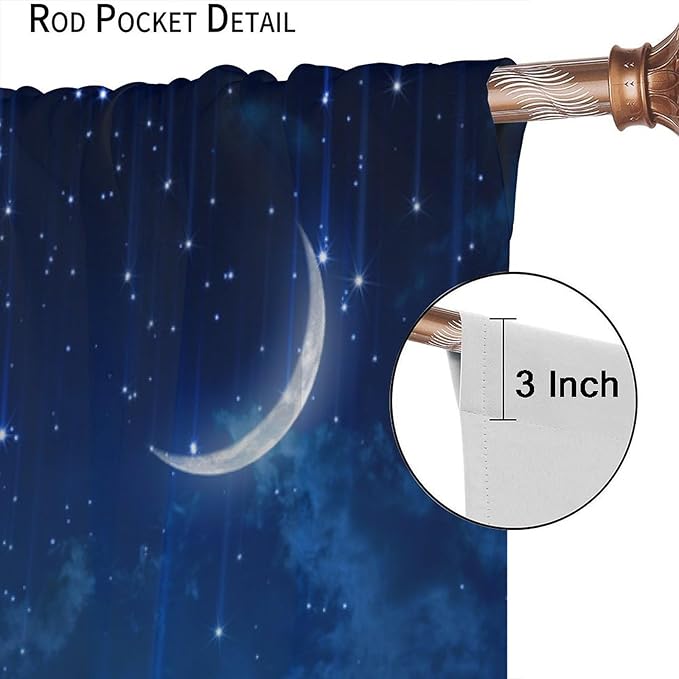 Star Night Sky Blackout Curtains, Moon Foggy Clouds Landscape Theme Print Window Drapes for Kids Girls Bedroom Living Room 42" W X 54" L