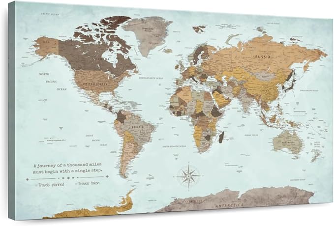 ElephantStock - A Thousand Miles World Push Pin Map Wall Art - Horizontal Canvas Wall Art - Living Room Wall Decor - Printmaking Map Canvas Art - Blue And Brown Decor - 45" x 30"