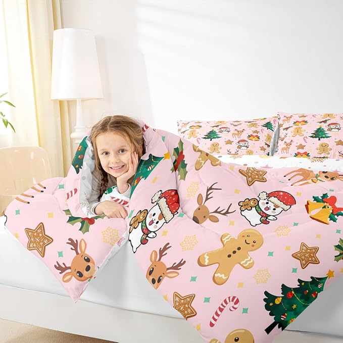Feelyou Merry Christmas Bedding Set Soft for Boys Girls, Gingerbread Man Comforter Set Twin Size Cute Deer Duvet Quilt Microfiber Christmas Tree 2 Pcs with 1 Pillow Cases