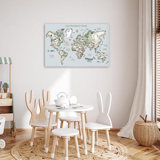 Educational Posters for Toddlers 1-3, Toddler Learning Poster for Kids Ages 3-5, World Map Canvas Print Nursery Preschool Homeschool Kindergarten Classroom Decor 16x24 Inch Unframed B