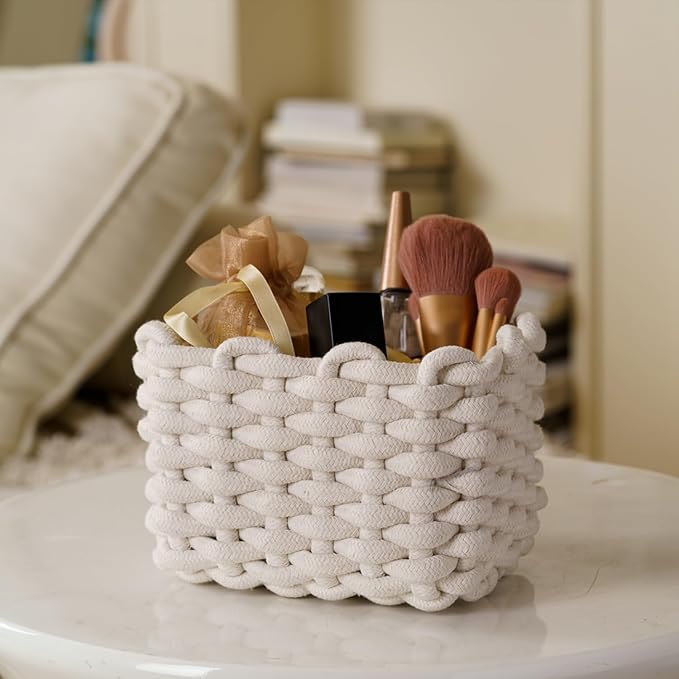 Small Storage Square Basket for Organizing, Cute Bedside Caddy for Little Items, Cotton Rope Woven Basket for Shelves, Bathroom, Dresser Top, Desk, Minimalist Chic Design for Nursery, Bedroom, Office
