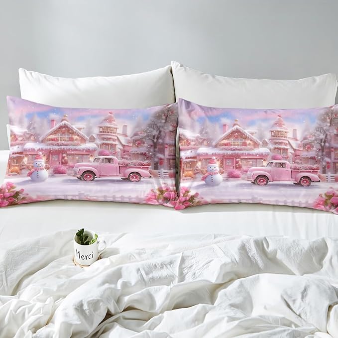 Manfei Christmas Duvet Cover Set Full Size, Winter Snowman Truck Flower Bedding Set for Kids Girls Room Decor, New Year Pink Comforter Cover, Soft Polyester Quilt Cover, 2 Pillowcases, No Comforter