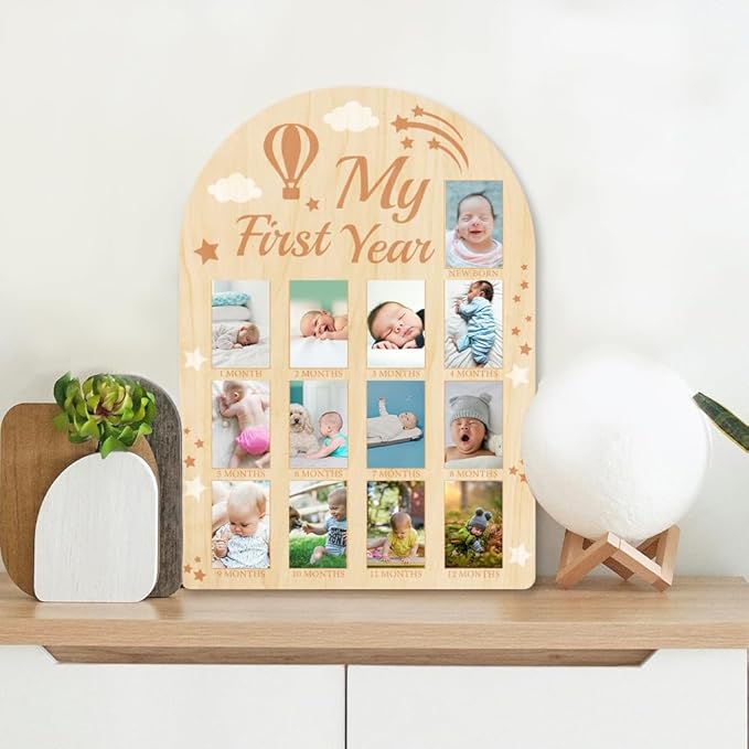 ORIGACH My First Year Baby Growth Photo Display Wood Board - 12 Months Newborn Milestones Picture Frame - Neutral Baby Keepsake Board 1st Birthday Party Nursery Decor New Mom Gift - Hot Air Balloon