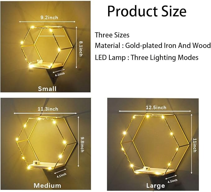 Large Size Golden Hexagon Shape Floating Shelves with LED Lights Wall Decor,Gold Metal Wire and Wood Base Wall Mounted Shelf Decorations for Home Bedroom Living Room - Set of 3