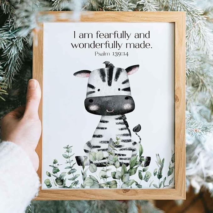 IIILUYOT 6Pcs Cute Christian Wild Animals Wall Art Decor for Nursery Child Bedroom, Zebras, Elephants, Lions, Giraffes, Monkey Inspirational Forest Animals Poster Decor Set of 6(8”X10”) Unframed