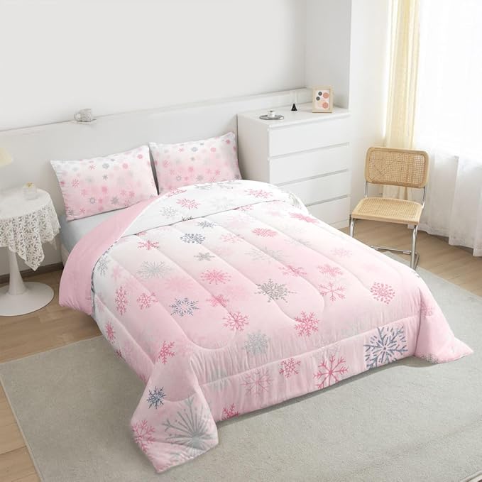 Feelyou Pink Snowflake Comforter Set Full, Glitter Snowflake Comforter for Boys Girls Winter Theme Bedding Set Winter Holiday Duvet Set Decorative 3Pcs