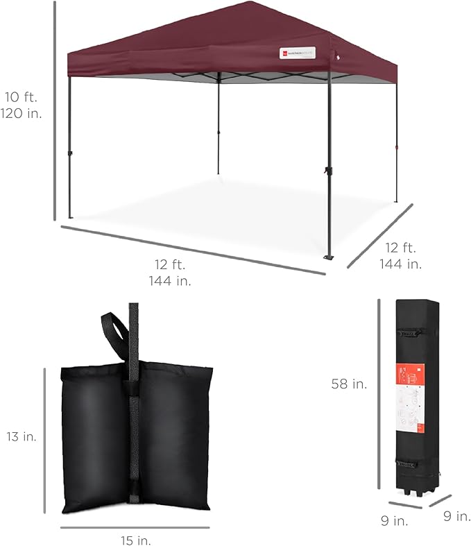 Best Choice Products 12x12ft 1-Person Setup Pop Up Canopy Tent Instant Portable Shelter w/ 1-Button Push, Case, 4 Weight Bags - Burgundy