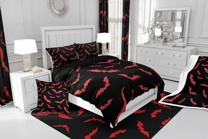 Erosebridal Bat Bedding Set Halloween Comforter Set with 1 Pillow Case Red Bats Animals Quilt Twin Size for Kids Boys Bedroom Holiday Gothic Spooky Style Quilt